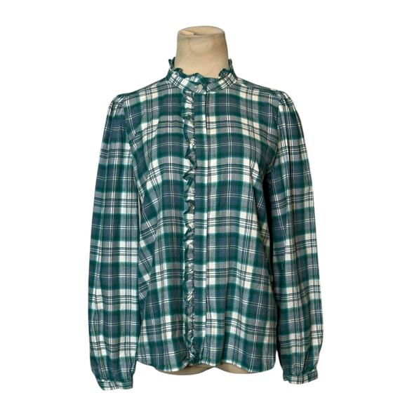 Loft green white plaid long sleeves ruffle button shirt size Small - Picture 1 of 16